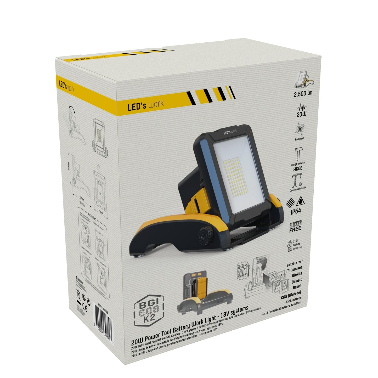 LED's Work 18V Draadloze LED Werklamp 2900 - Werkt op accu van Makita, Bosch, Dewalt, Milwaukee, Metabo – IP54