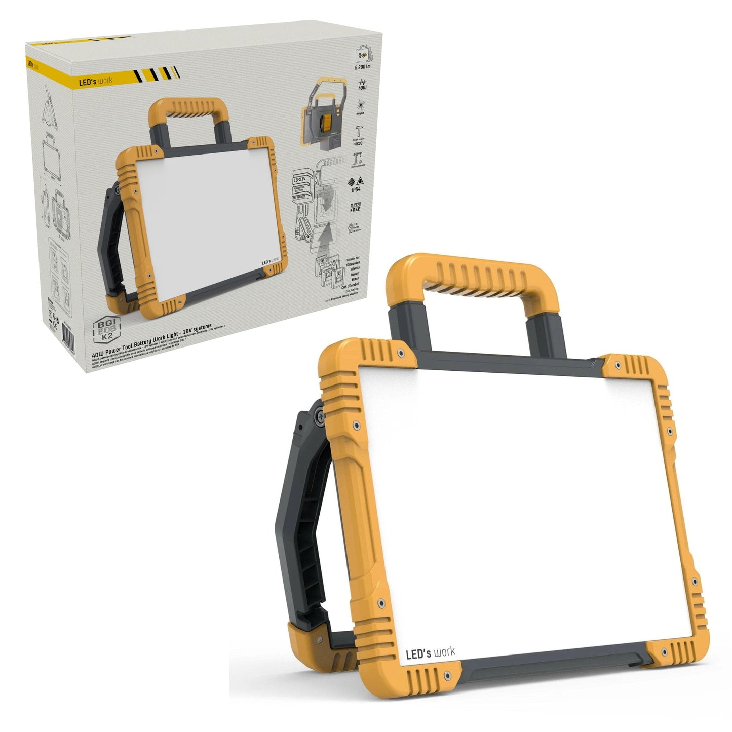 LED's Work Draadloze LED Bouwlamp 5200 - Werkt op accu's van Makita, Bosch, Dewalt, Milwaukee, Metabo – IP54