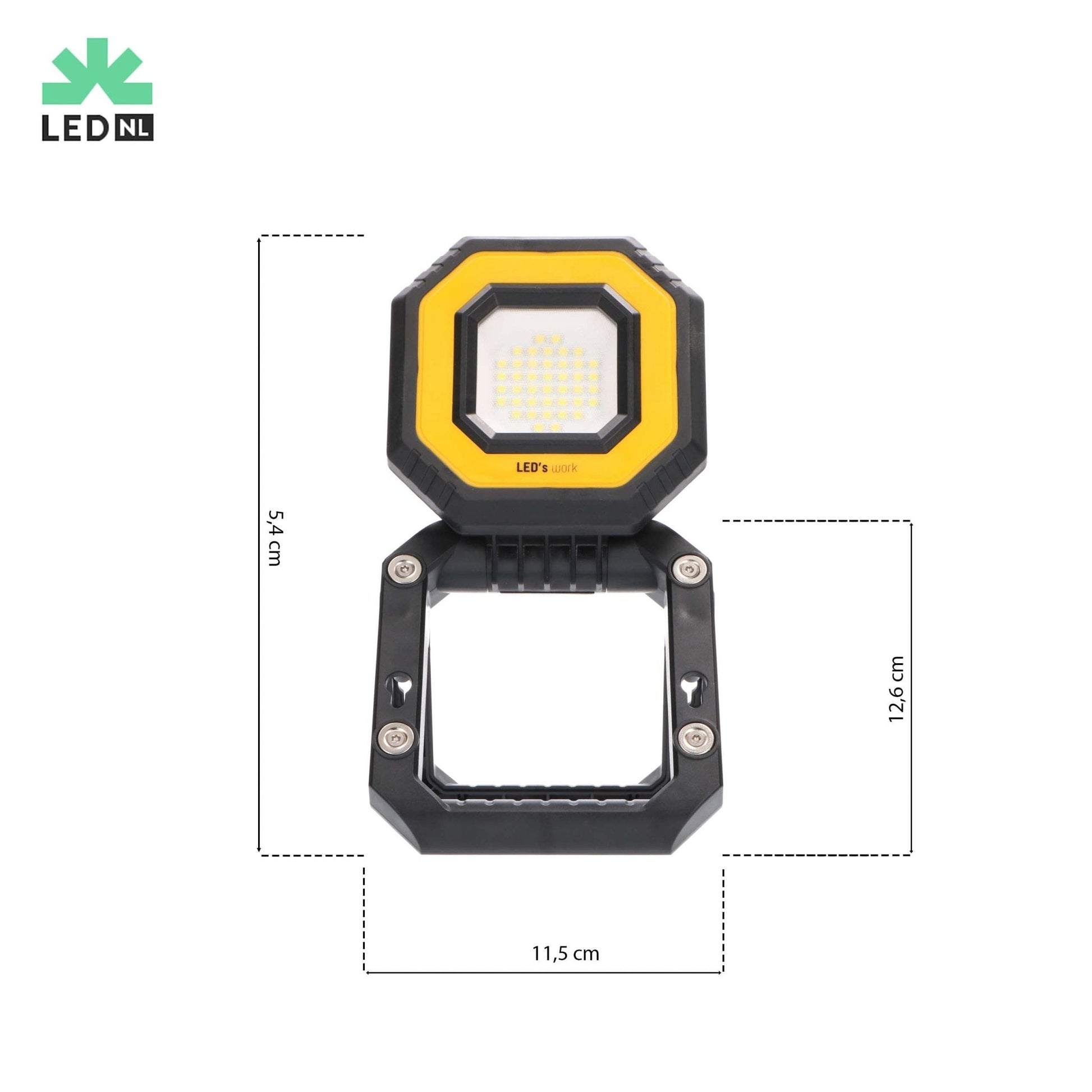 LED’s work werklicht met zwart en geel frame, uitgebreide LED-lichtbron en verstelbare driehoekige standaard voor betrouwbare verlichting op bouwplaats of in de garage.