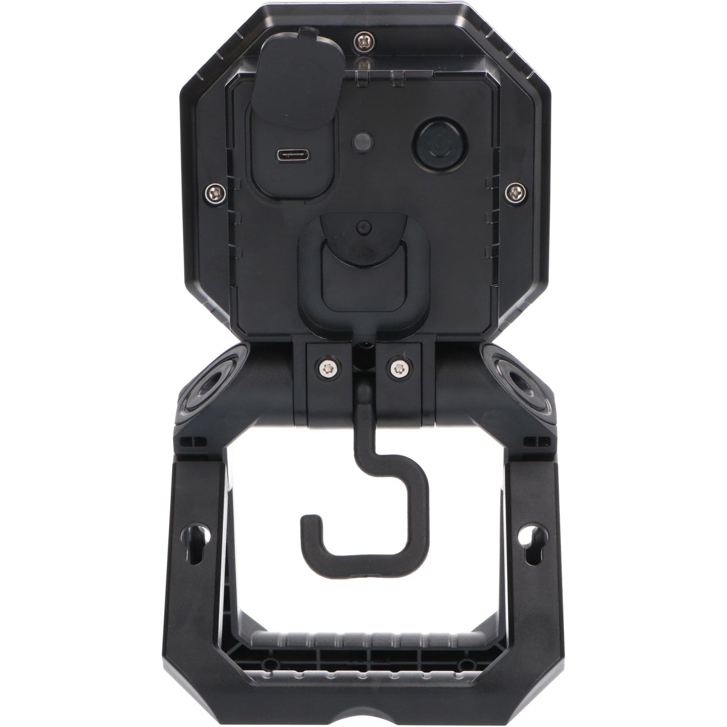 Een robuuste, octagonale LED werklamp met een opvallende gele rand en zwart plastic behuizing, uitgerust met een verstelbare driehoekige standaard voor flexibele verlichting op werf of bouwplaats.