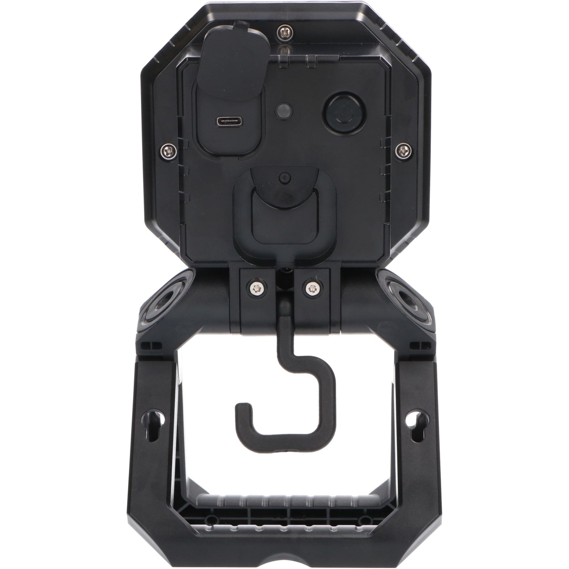 Een robuuste, octagonale LED werklamp met een opvallende gele rand en zwart plastic behuizing, uitgerust met een verstelbare driehoekige standaard voor flexibele verlichting op werf of bouwplaats.