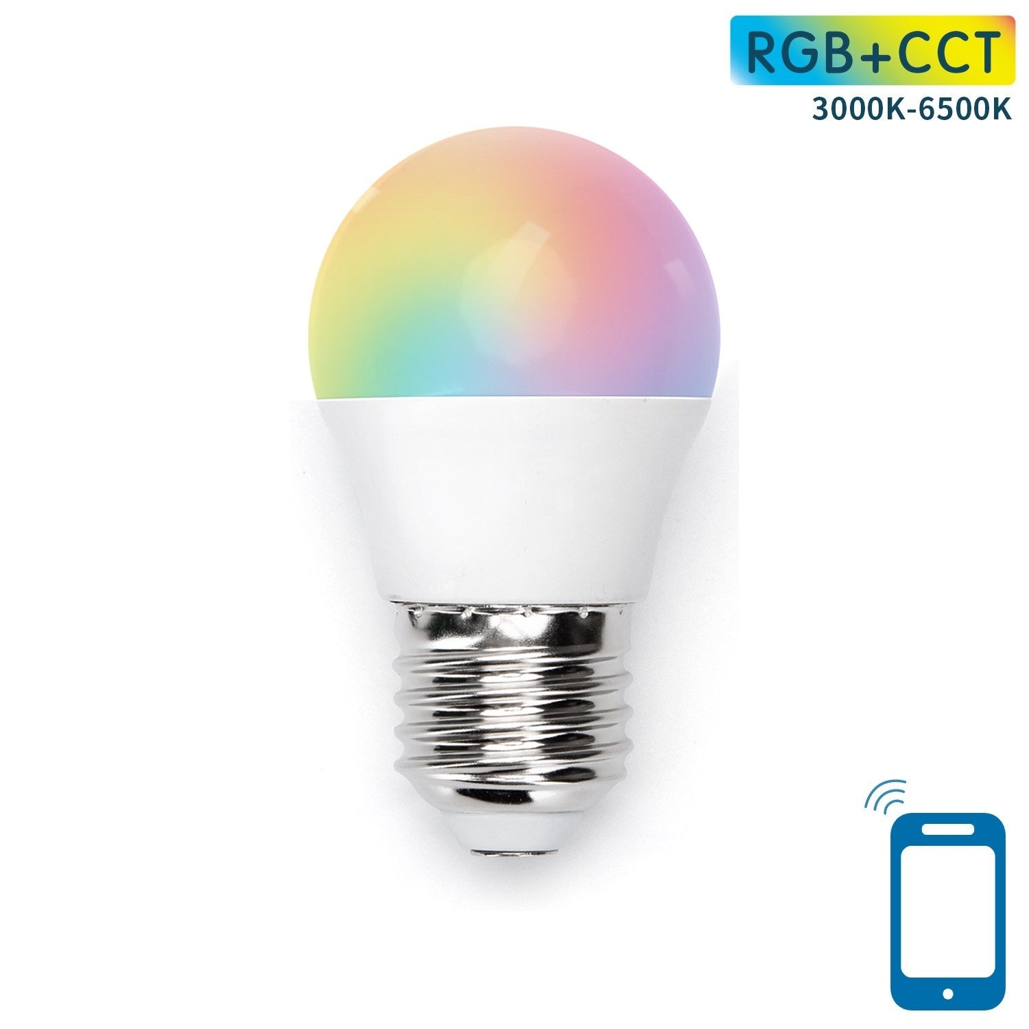 Een RGB+CCT smart LED-lamp met kleurverandering en temperatuurverandering van 3000K tot 6500K, geschikt voor slimme thuisverlichting via smartphone-app.