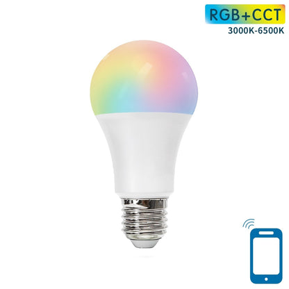 Een RGB+CCT smart LED-lamp met kleurverandering en temperatuurverandering van 3000K tot 6500K, geschikt voor slimme huishoudens en app-gecontroleerde verlichting.
