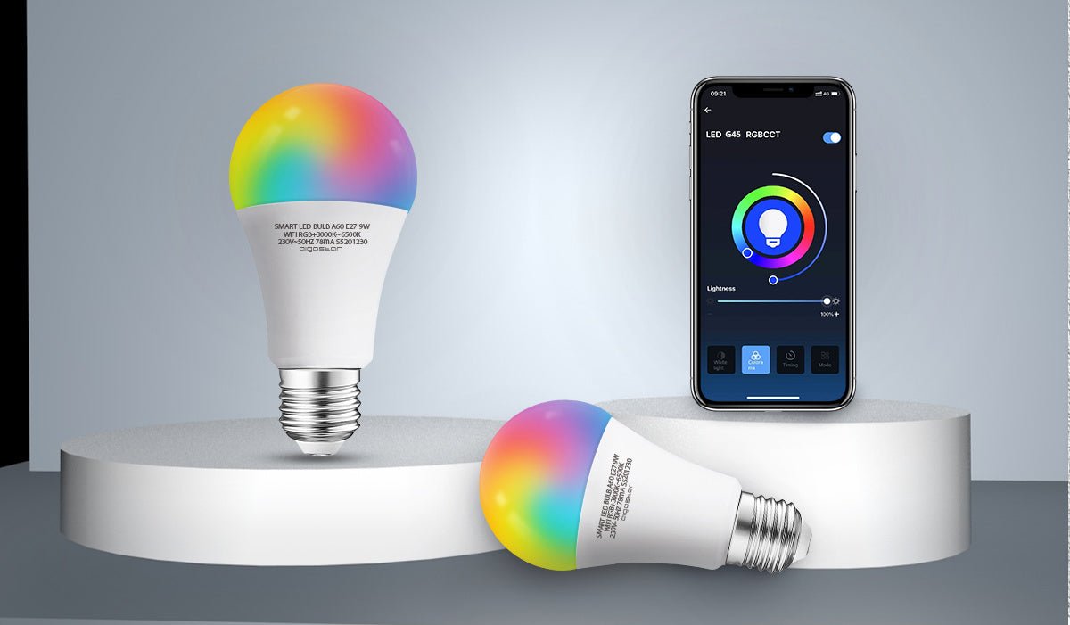 Een RGB+CCT smart lamp met kleurverandering van 3000K tot 6500K, voorzien van een E27-schroefdraad en bedienbaar via smartphone. Ideaal voor thuisverlichting en sfeerverlichting.