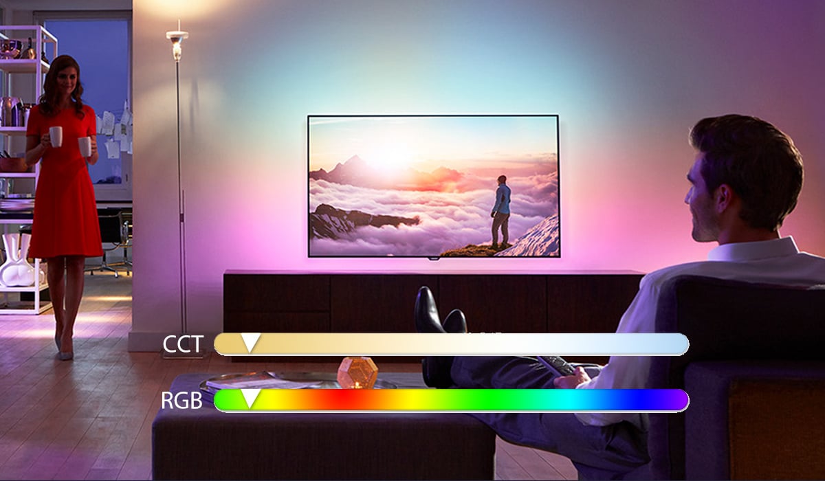 Een RGB+CCT smart LED-lamp met kleurverandering en temperatuurverandering van 3000K tot 6500K, geschikt voor slimme verlichting via smartphone-app.