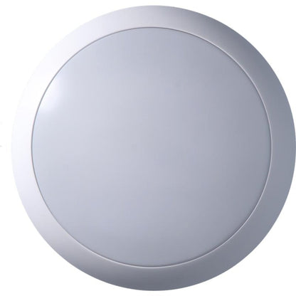 Een witte, ronde LED-plafondlamp met drie kleurzones: warm wit (3000K), neutraal wit (4000K) en koud wit (6000K). Zichtbaar is de achterkant met aansluitingen voor installatie in een woonruimte.