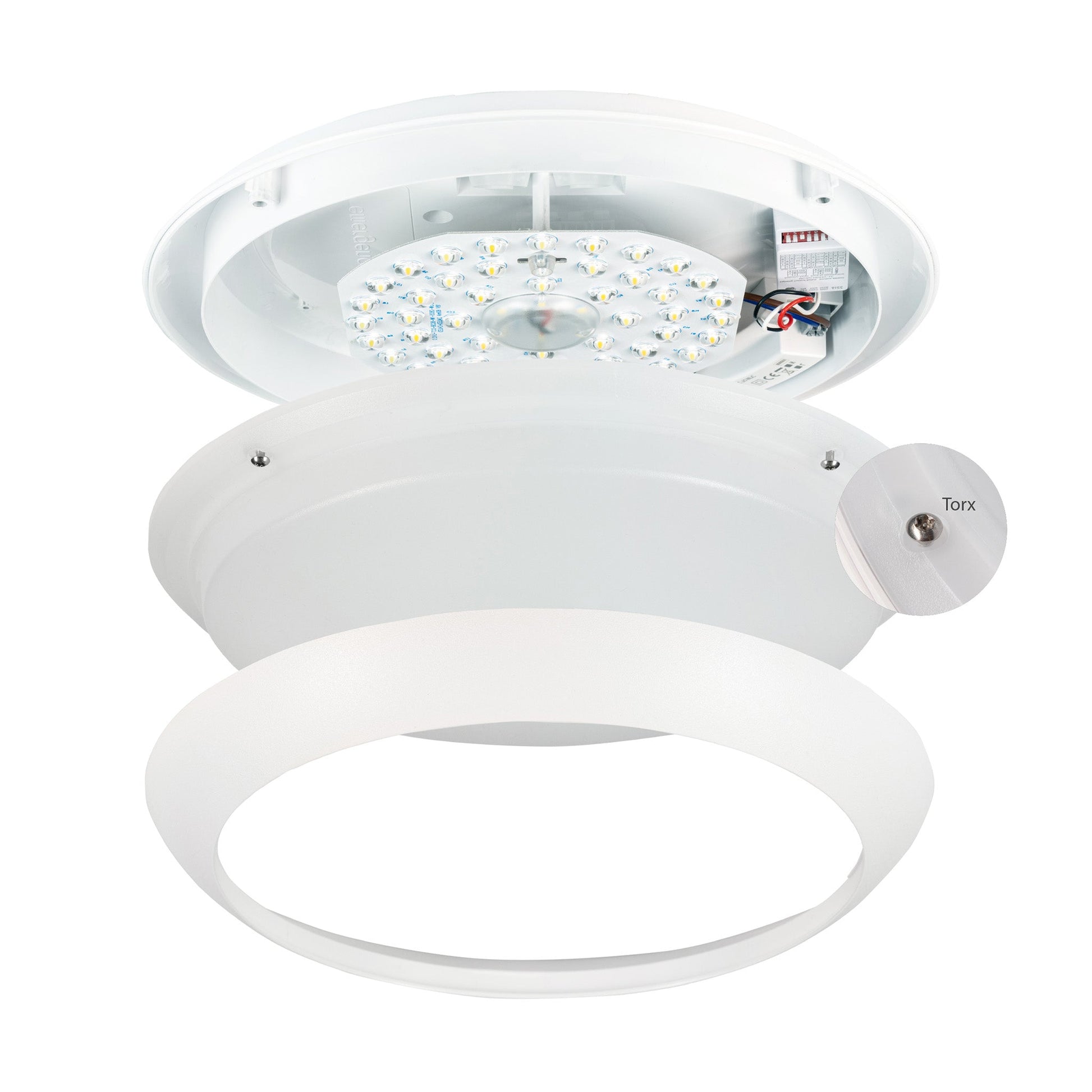 Een witte, ronde LED-plafondlamp met drie kleurzones: warm wit (3000K), neutraal wit (4000K) en koud wit (6000K). Zichtbaar is de achterkant met aansluitingen voor installatie in woon- en kantoorruimtes.