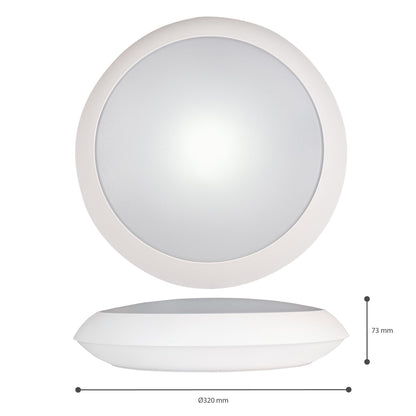Een witte, ronde LED-plafondlamp met drie kleurzones: warm wit (3000K), neutraal wit (4000K) en koud wit (6000K). Zichtbaar is de achterkant met aansluitingen voor installatie in woon- en werkomgevingen.