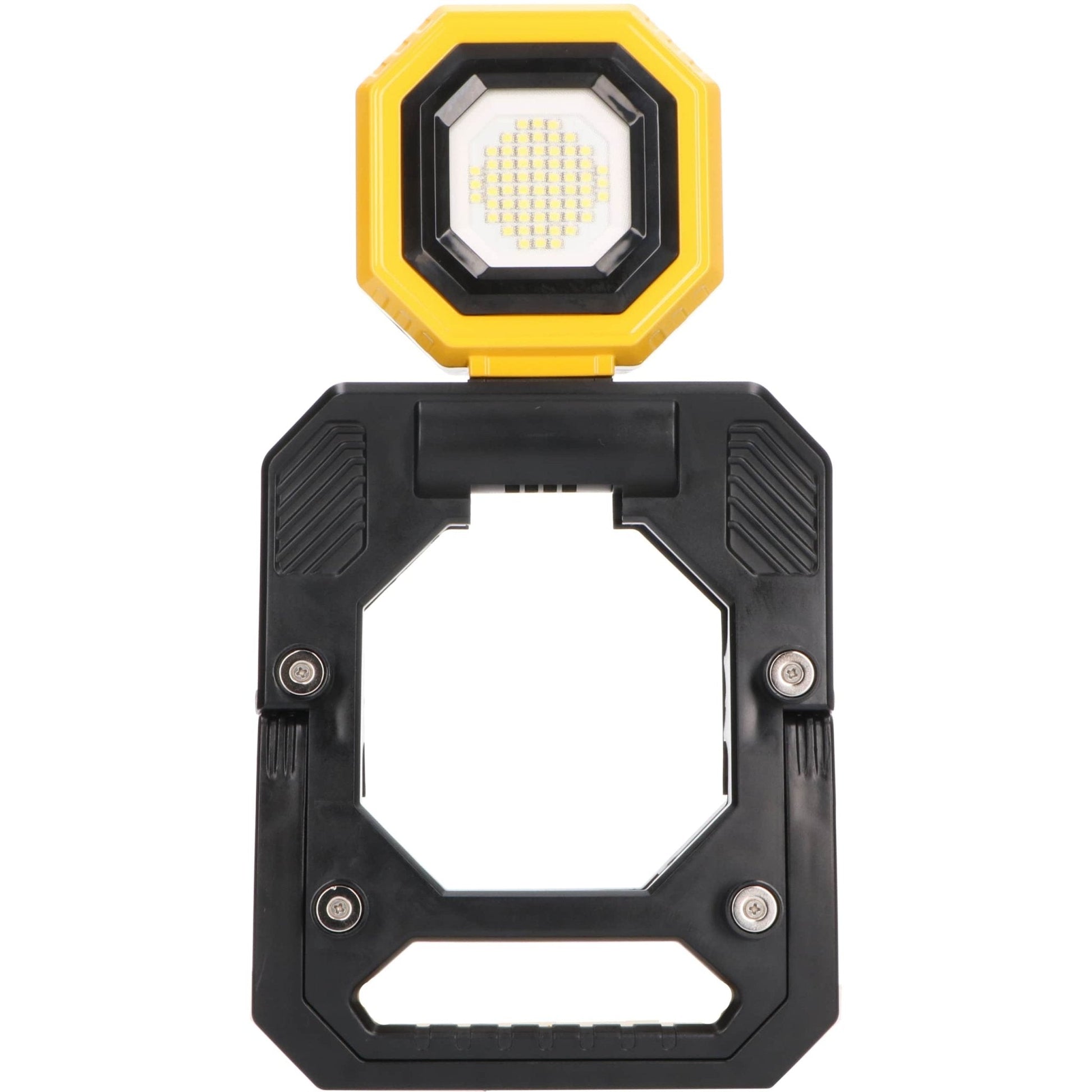 Een robuuste, zwart-gele LED werklamp met handvat en zichtbare LED’s, geschikt voor professioneel gebruik. Geschikt voor werken in donkere ruimtes of als noodverlichting.