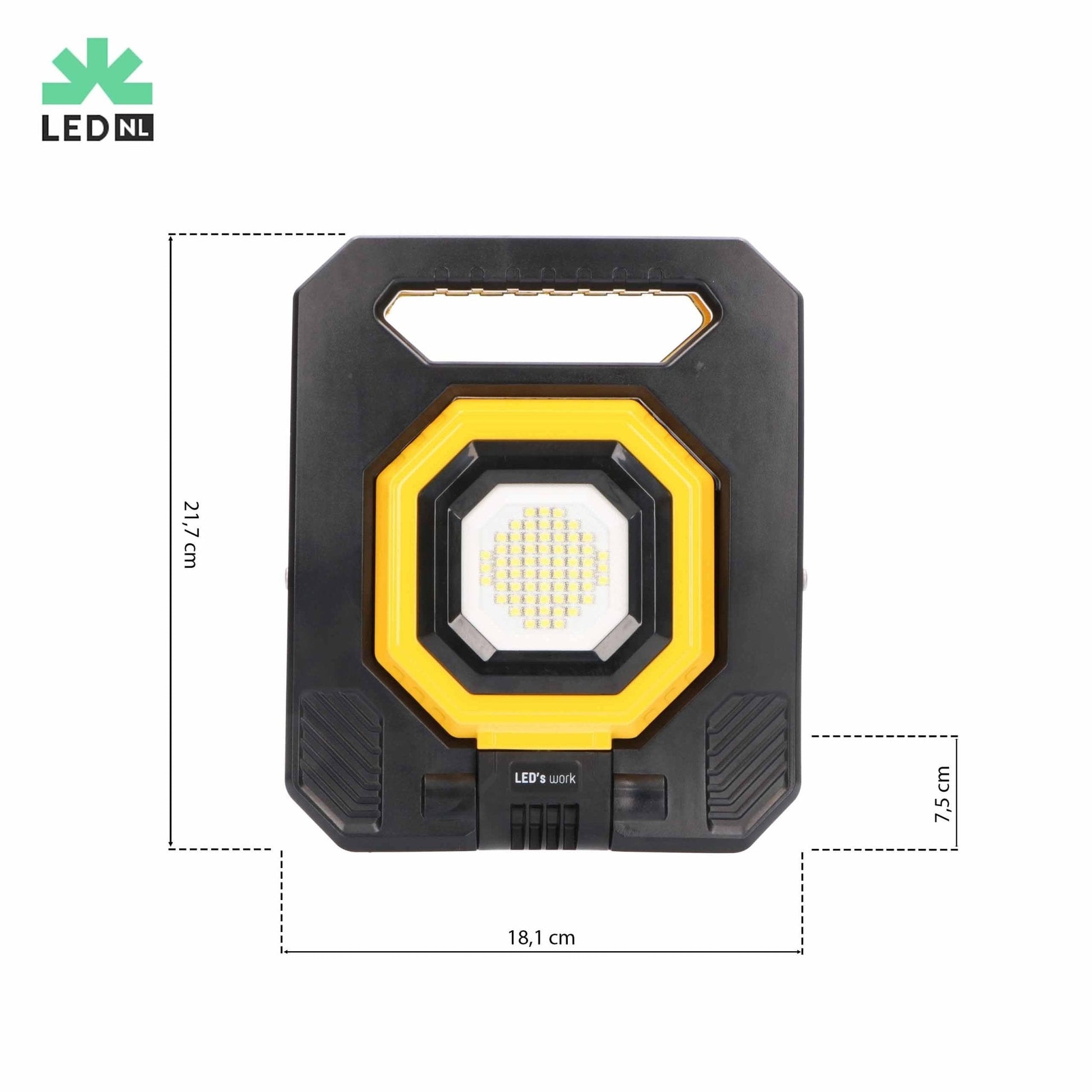 Een robuuste, zwart-gele LED werklamp met handvat en zichtbare LED’s, geschikt voor bouw- en reparatiewerkzaamheden. Compacte, waterdichte constructie met gripoppervlakken voor betere houvast.
