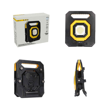 Een robuuste, zwart-gele LED werklamp met handvat en zichtbare LED’s, geschikt voor bouw- en reparatiewerkzaamheden. Compacte, waterdichte constructie met gripoppervlakken voor betere houvast.