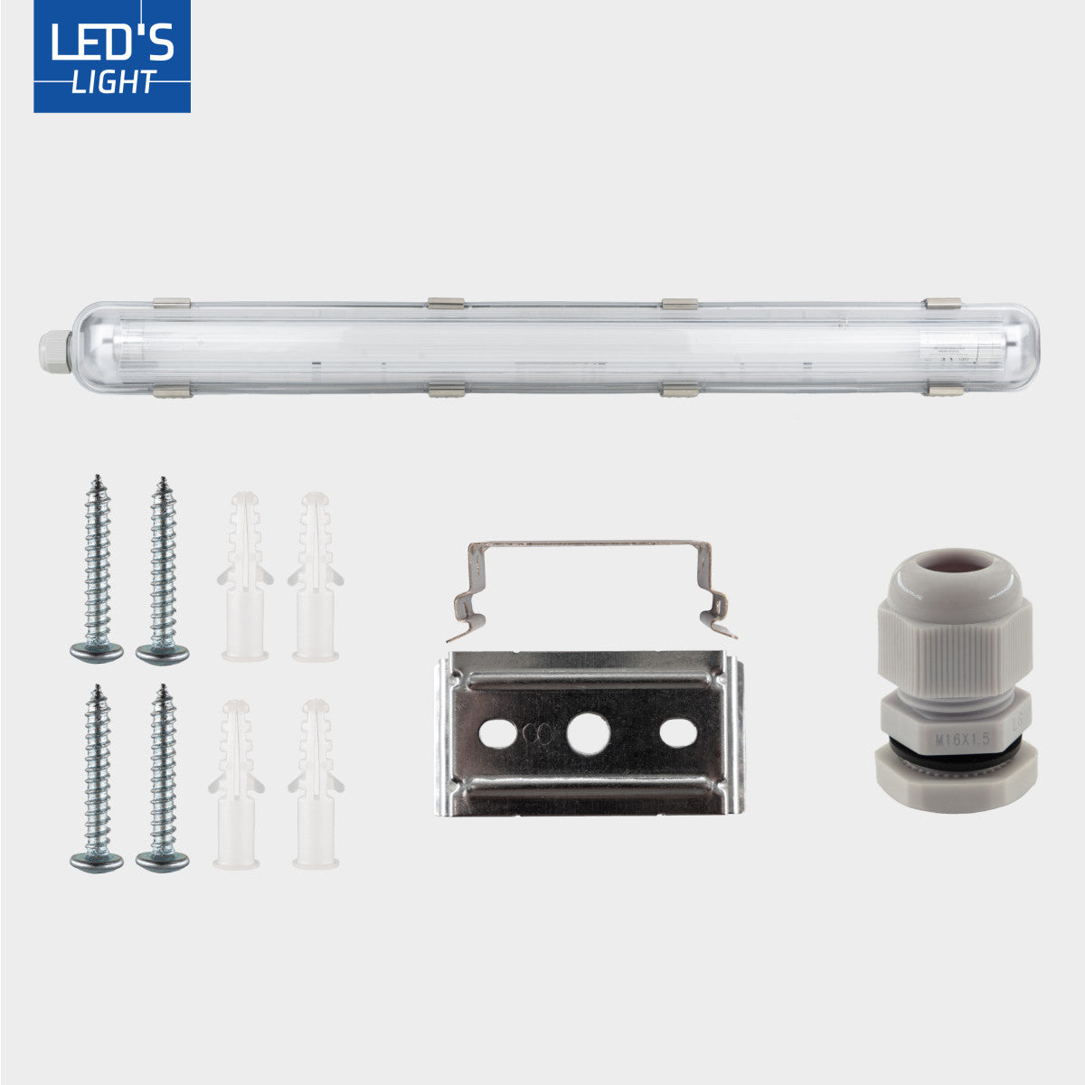 LED-tubulairverlichting met witte, glazen buis en zichtbare contactpunten, inclusief een set witte, goudgekleurde contacten voor energiezuinige verlichting in kantoren en industriële ruimtes.