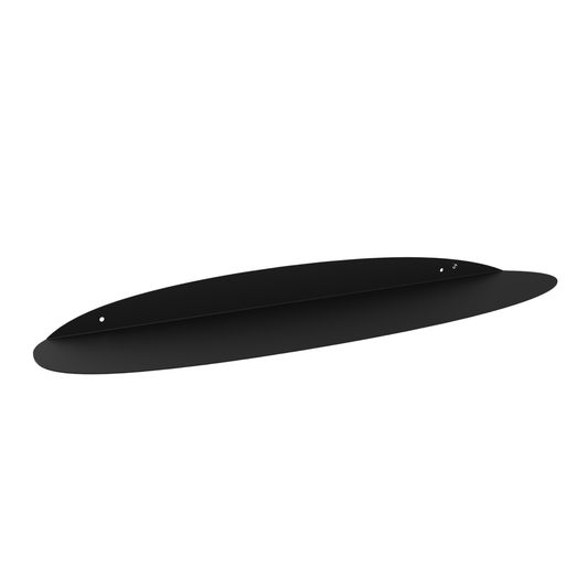Zwarte, matte metalen wandplank met afgeronde uiteinden en montageschroefgaten, geschikt voor minimalistische interieurstijl en moderne woonruimte.