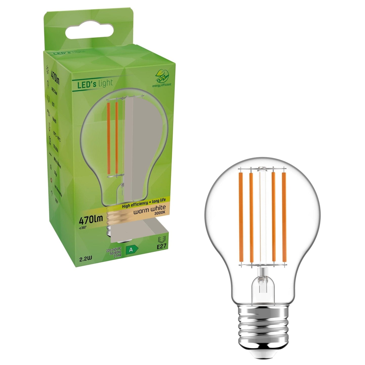 Ultra LED Lamp E27 - Energielabel A - Helder glas - 2.2W is gelijk aan 40W
