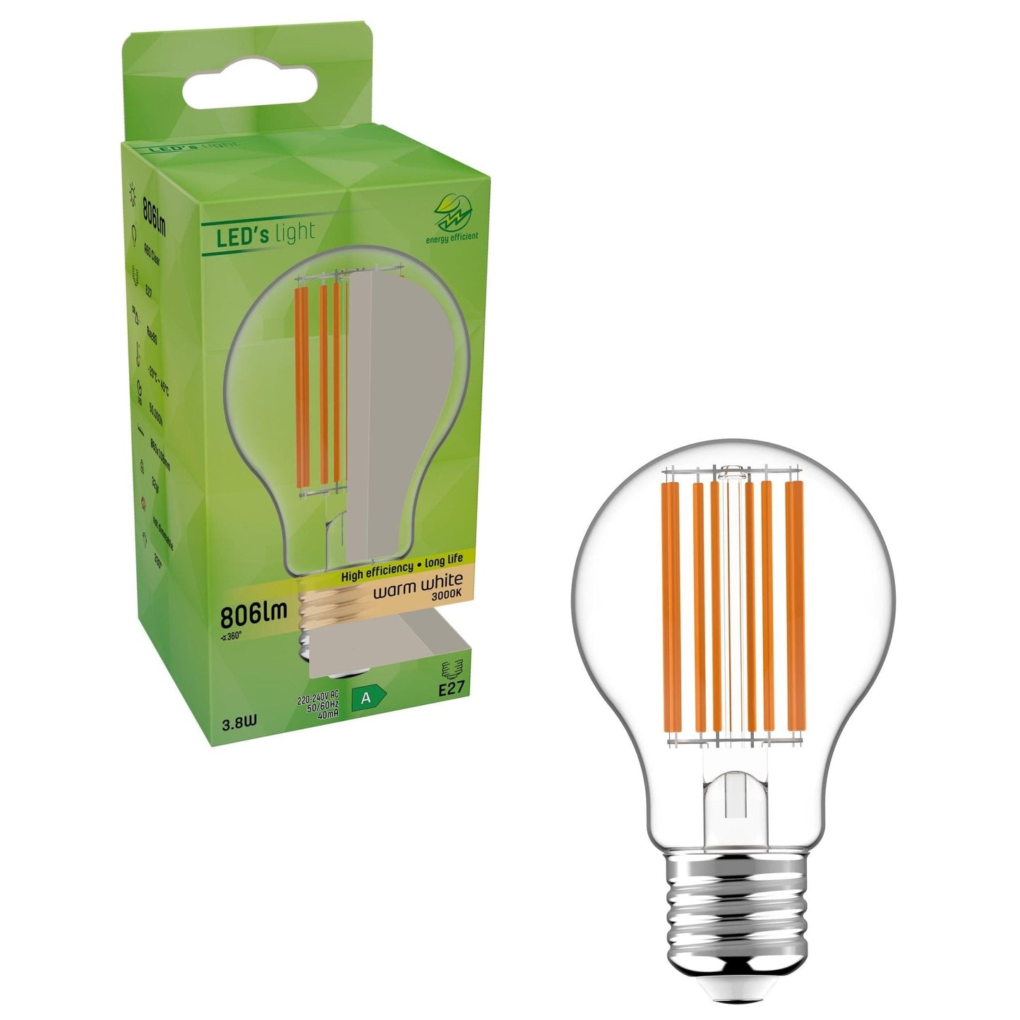 Ultra LED Filament lamp E27 - Energielabel A - Transparant - 3.8W = 60W
