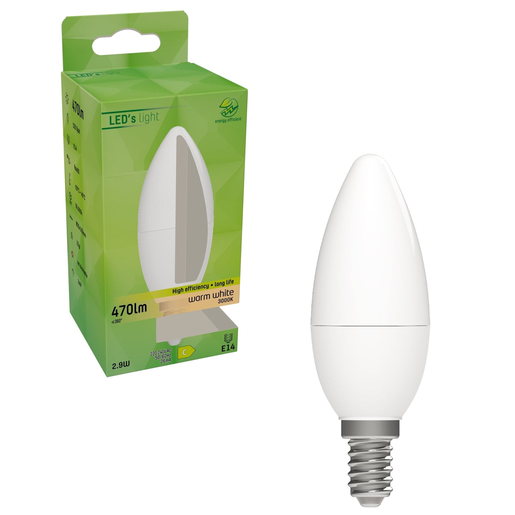 Een witte LED kaarslamp met E14 fitting en warm wit licht, naast haar groene verpakking met 470 lumen. Geschikt voor sfeerverlichting in woon- en decoratieve ruimtes.