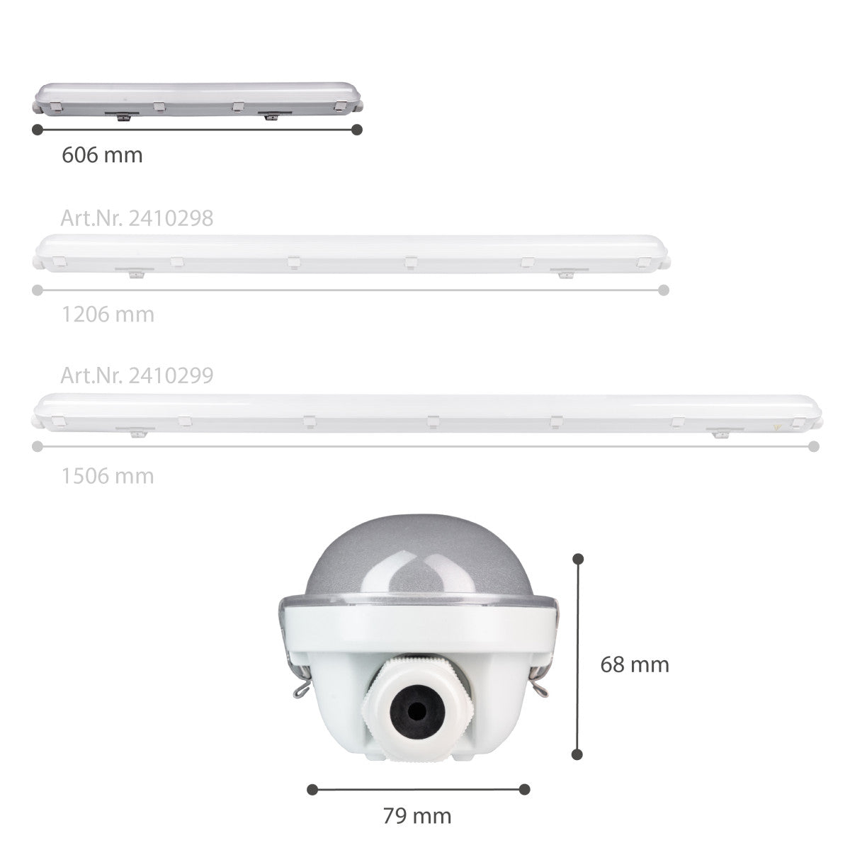 Een witte, 175 cm lange LED-buis met ribbelvormige diffuser en draadloze montage, geschikt voor industriële verlichting. Gebruik in magazijnen of werkplaatsen met hoge lichtkracht en waterbestendigheid.