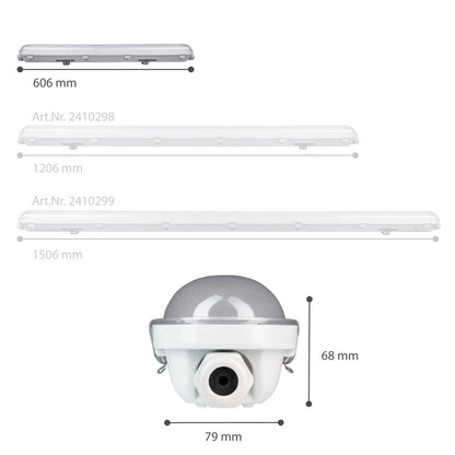 Een witte, 175 cm lange LED-buis met ribbelvormige diffuser en draadloze montage, geschikt voor industriële verlichting. Gebruik in magazijnen of werkplaatsen met hoge lichtkracht en waterbestendigheid.