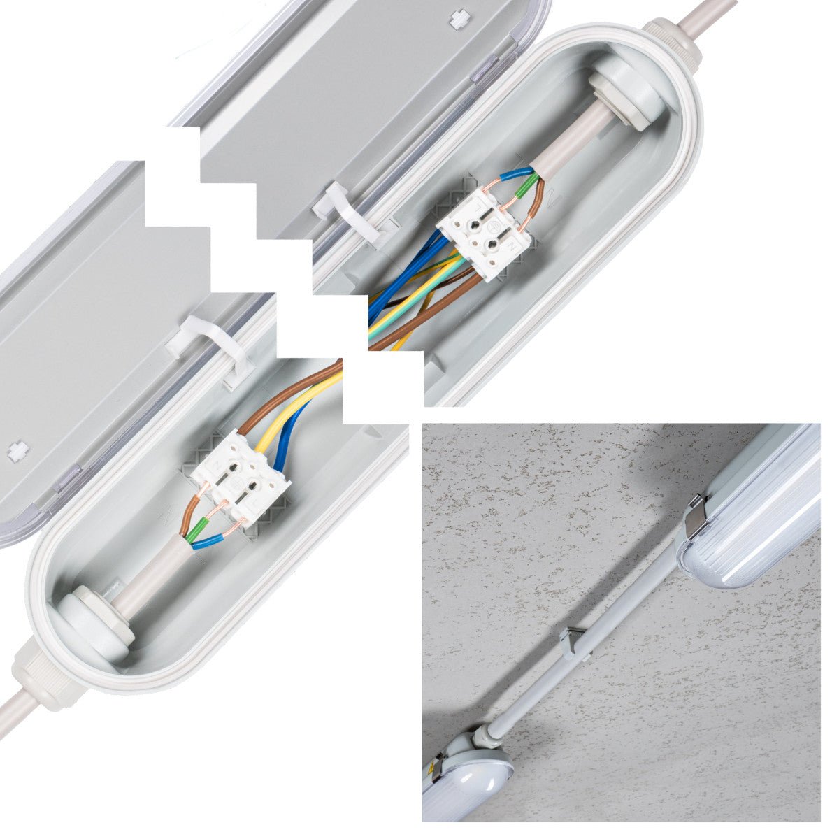 Een witte, 175 cm lange LED-buitenlamp met ribbelvormige diffuser en schroefmontage, geschikt voor industriële of commerciële verlichting. Gebruik met een IP65-klasse voor buiten.