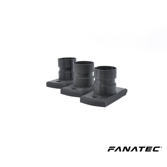 Zwart kunststof stuurkolomvoetstukken van Fanatec, met vierkante basis en cilindrische bovenkant, geschikt voor racestuurwielmontages. Gebruik voor professionele simracing setup.