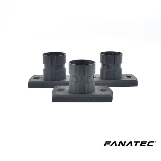 Zwart kunststof stuurwielbeugelset van Fanatec, met drie identieke cilindrische onderdelen op vierkante basisplaten, geschikt voor gamingstoelen en racestuurwielinstallaties.