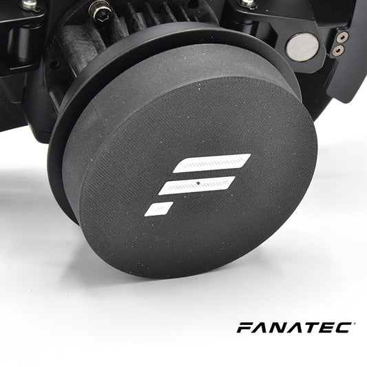 Zwart Fanatec racestuur met textuurrijke centrale knop en zichtbare schroefdetails, speciaal ontworpen voor racegame-ervaring. Premium materiaal voor realistische simulatie en precisie in virtuele rally- en raceomgevingen.