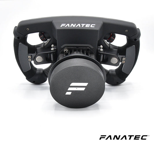 Zwart Fanatec racestuur met textuurrijke centrale knop en zichtbare schroefdetails, speciaal ontworpen voor racegame-ervaring. Premium materiaal en precisieconstructie voor optimale grip en realistische simulatie.