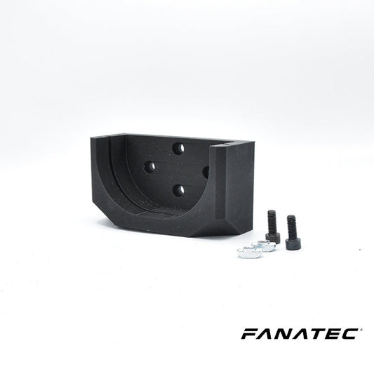 Zwart, matte plastic montagekastje van Fanatec met vier boorgaten en een gebogen binnenkant, geleverd met twee schroeven en vier zilveren bouten voor gamingstuurinstallaties.