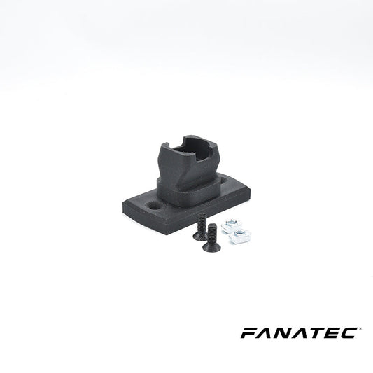 Zwart plastic montageonderdeel met ingebedde klemconstructie, geleverd met schroeven en bouten voor montage. Geschikt voor gebruik in racestuurwielmontages en gaming setup’s.