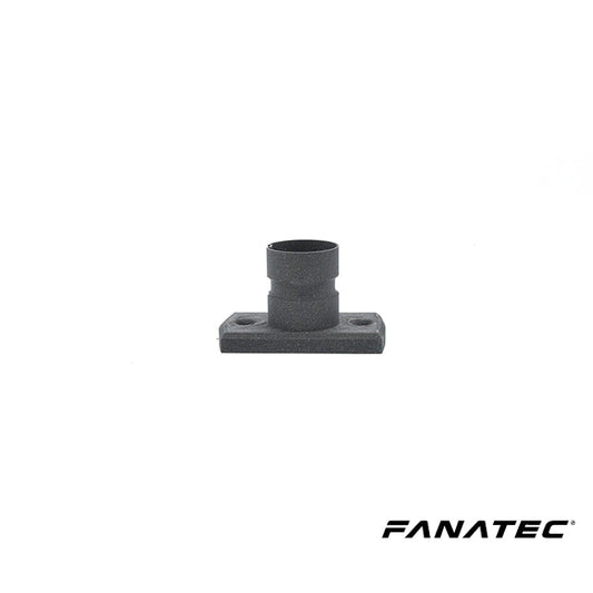 Zwart, textuurrijk plastic montageonderdeel met cilindrische opening en vierkante basis, geleverd met schroeven en klemschroef voor gebruik in racestuurwielinstallaties. Fanatec compatibel.