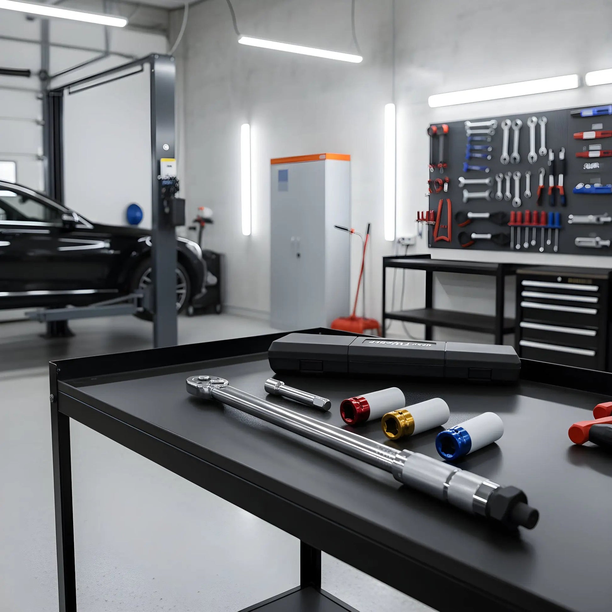 Zilverkleurige schroefspanner in zwarte houder, met kleurrijke (blauw, geel, rood) accessoires. Geschikt voor precisiewerkzaamheden in de auto- en reparatiewereld.