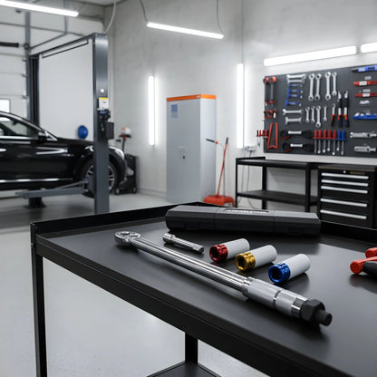 Zilverkleurige schroefspanner in zwarte houder, met kleurrijke (blauw, geel, rood) accessoires. Geschikt voor precisiewerkzaamheden in de auto- en reparatiewereld.