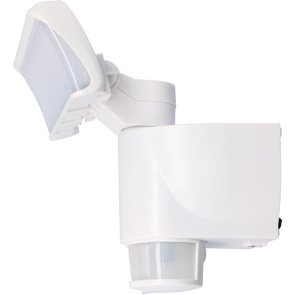 Witte bewegingssensorlamp met transparante kap en sensorkop, geschikt voor buitenverlichting. Automatisch aan- en uitgaan bij beweging, ideaal voor veilige verlichting van tuinen en gangpaden.