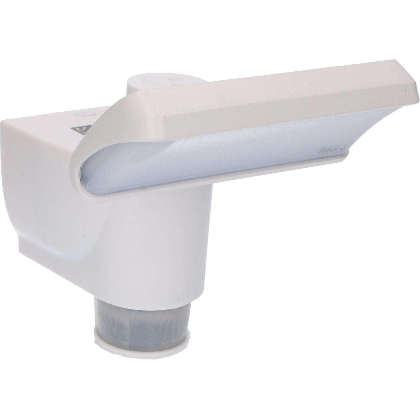 Een witte bewegingssensorlamp met transparante kap en zichtbare sensorkop, ontworpen voor buitenverlichting. Automatisch verlichting bij beweging, ideaal voor tuin of veranda.