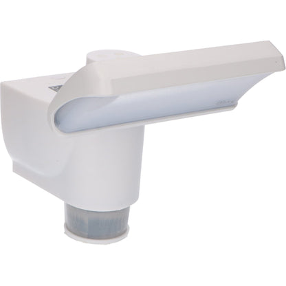 Een witte bewegingssensorlamp met transparante kap en zichtbare sensorkop, ontworpen voor buitenverlichting. Automatisch verlichting bij beweging, ideaal voor tuin of veranda.