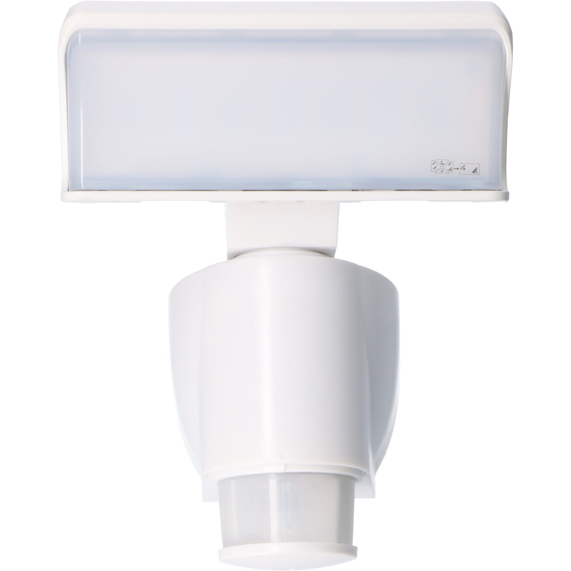 Een witte bewegingssensorlamp met transparante kap, geschikt voor buitenverlichting. Het apparaat detecteert beweging en is ideaal voor veilige verlichting van tuinen en gangpaden.