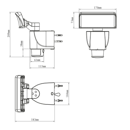 Een witte, modern ontworpen bewegingssensorlamp met een transparante blauwachtige kap en een zichtbare sensorkop. Geschikt voor buitenverlichting en veiligheid, met automatische detectie bij beweging.
