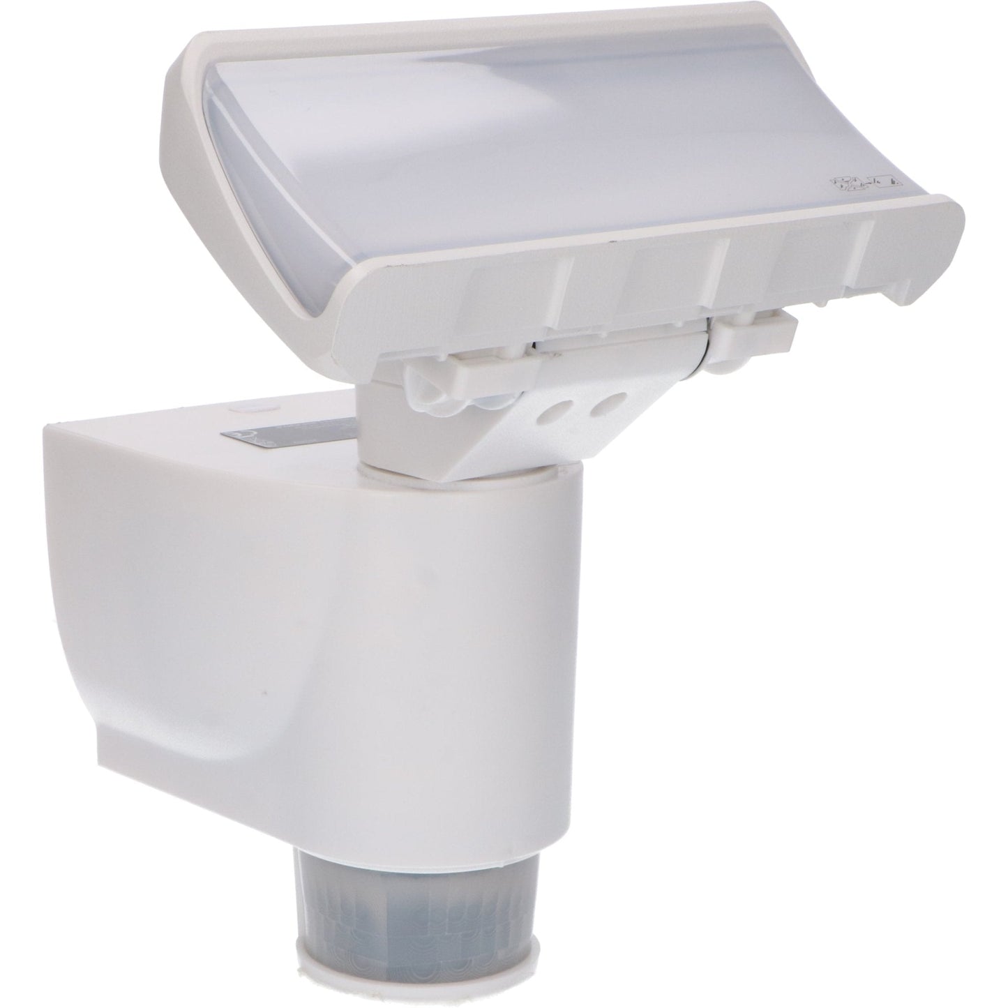 Een witte bewegingssensorlamp met transparante kap, voor buitenverlichting. Geïntegreerd bewegingssensor detecteert beweging in de tuin of op de veranda.