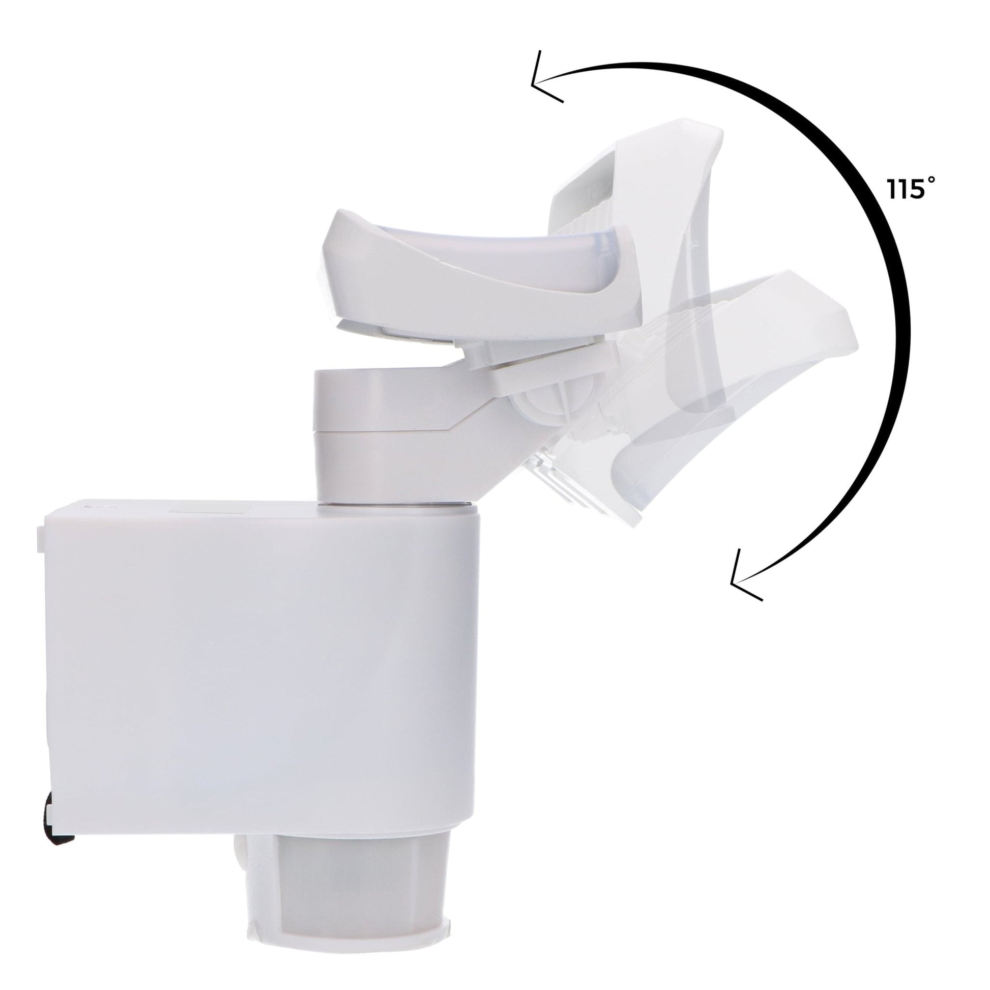Een witte bewegingssensorlamp met transparante kap en zichtbare sensorkop, ontworpen voor automatische verlichting bij nacht. Ideaal voor veiligheid en energiebesparing in tuinen en gangen.