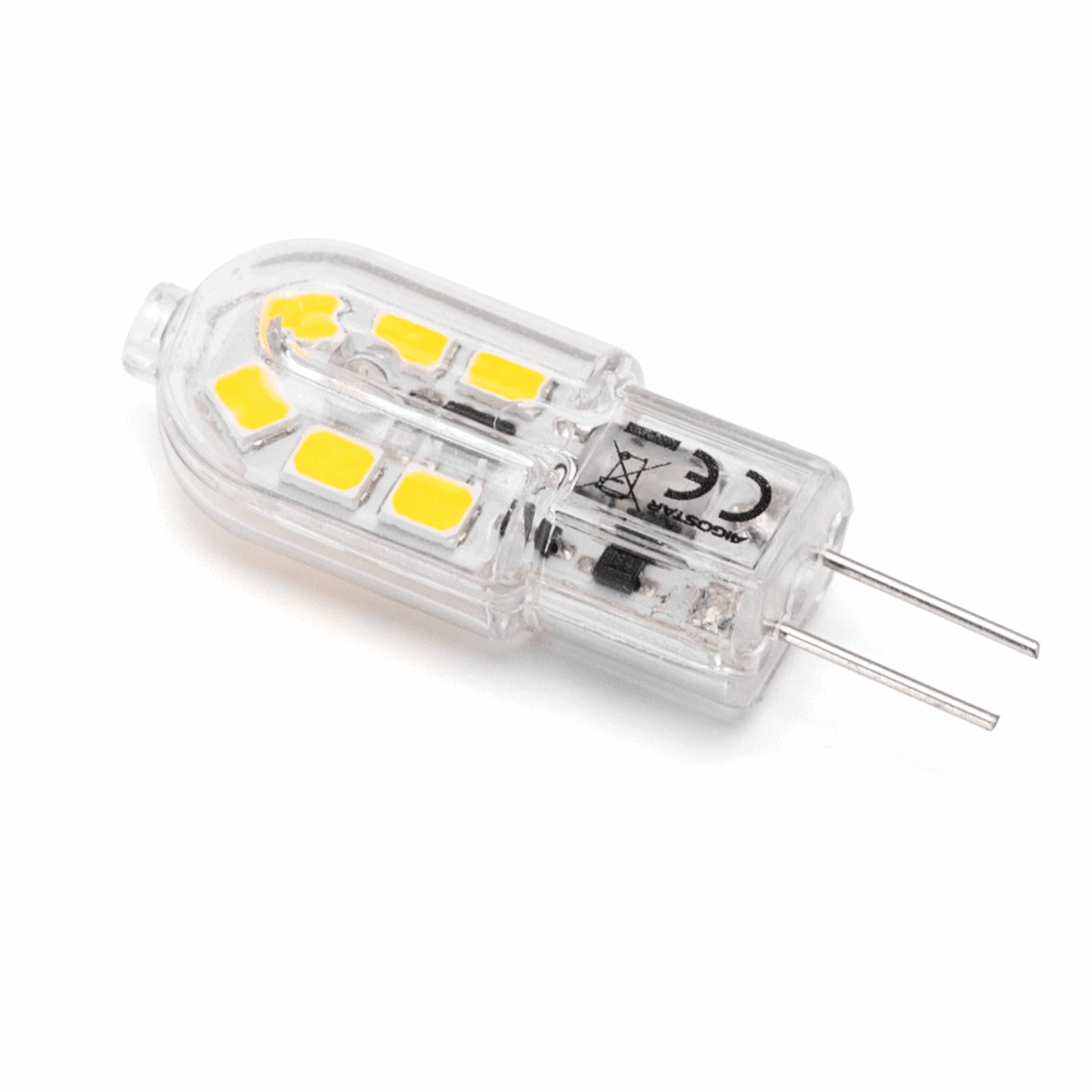 Een heldere, transparante LED-lamp met gele chipverlichting en twee metalen pincontacten, geschikt voor energiezuinige verlichting in kasten en wandlampen.