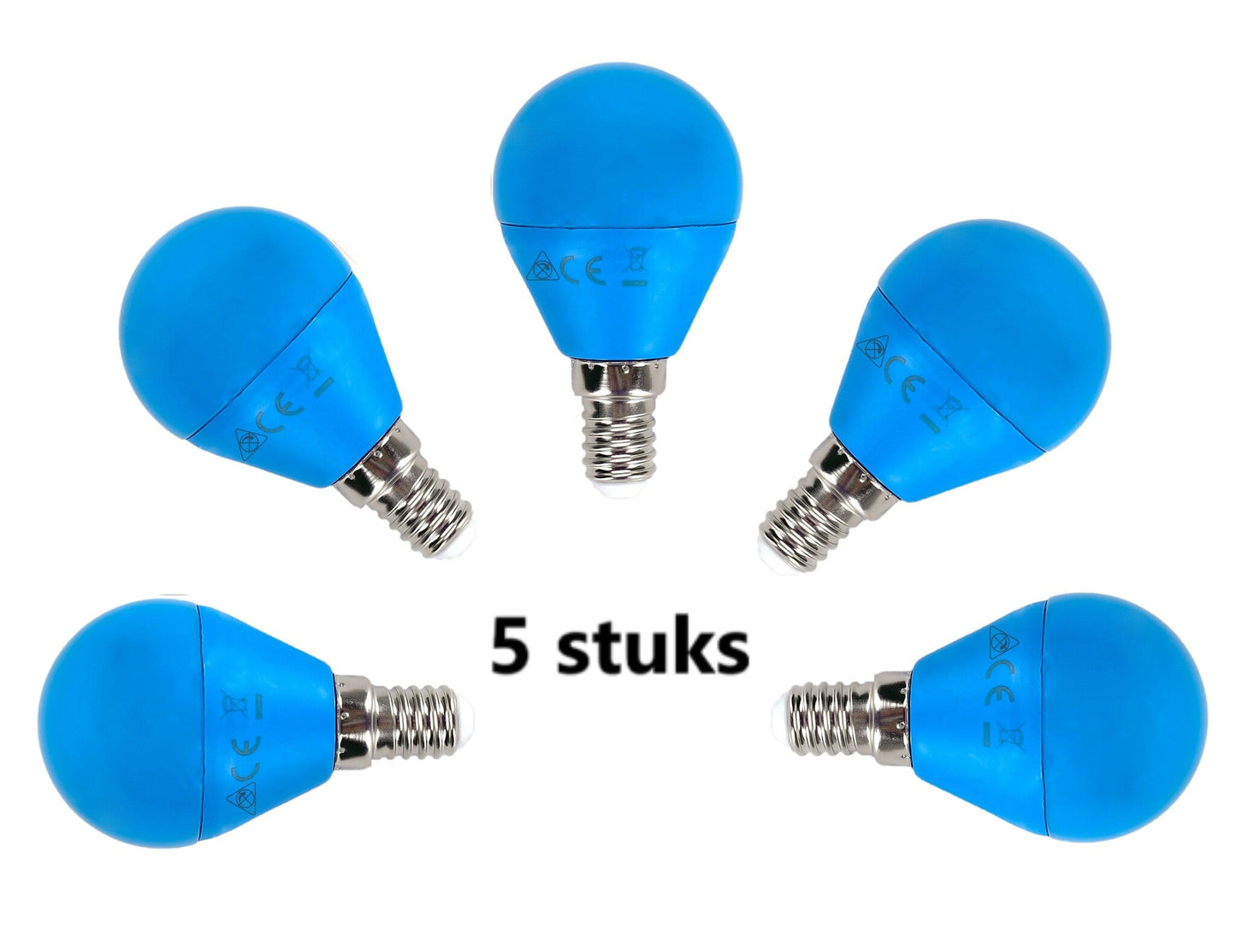Blauwe LED-lampen met E14-schroefdraad, glanzend en mat, in een set van vijf. Geschikt voor huis- en kantoorverlichting met energiebesparing.