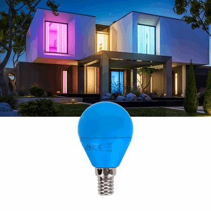 Blauwe LED-lampen met E14-schroefdraad, glanzend en mat, in een set van vijf stuks. Geschikt voor huis- en kantoorverlichting met energiebesparing.