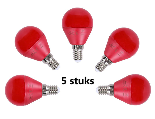 Rode LED-lampen met E14-schroefdraad, glanzend oppervlak en CE-keurmerken, geplaatst in een cirkelvormige opstelling. Ideaal voor feestverlichting of decoratieve verlichting in binnenruimtes.