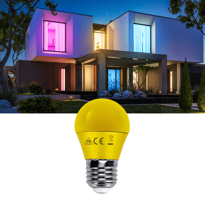 Vijf gele LED-lampen met E27-schroefdraad, glanzend metaal en CE-keurmerken. Geschikt voor huis- en kantoorverlichting, energiezuinig en warm wit licht.
