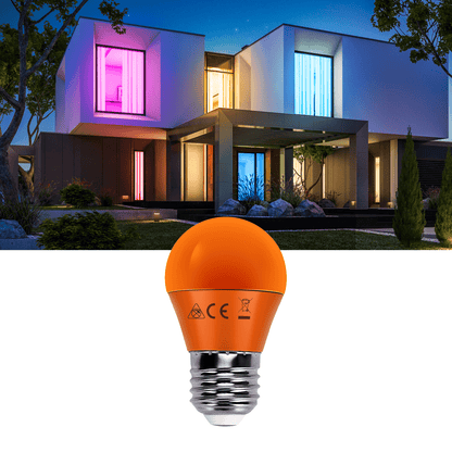 Oranje LED-lampen met E27-schroefdraad, glanzend metaal en CE-keurmerken, geïllustreerd in een set van vijf stuks voor huisverlichting.