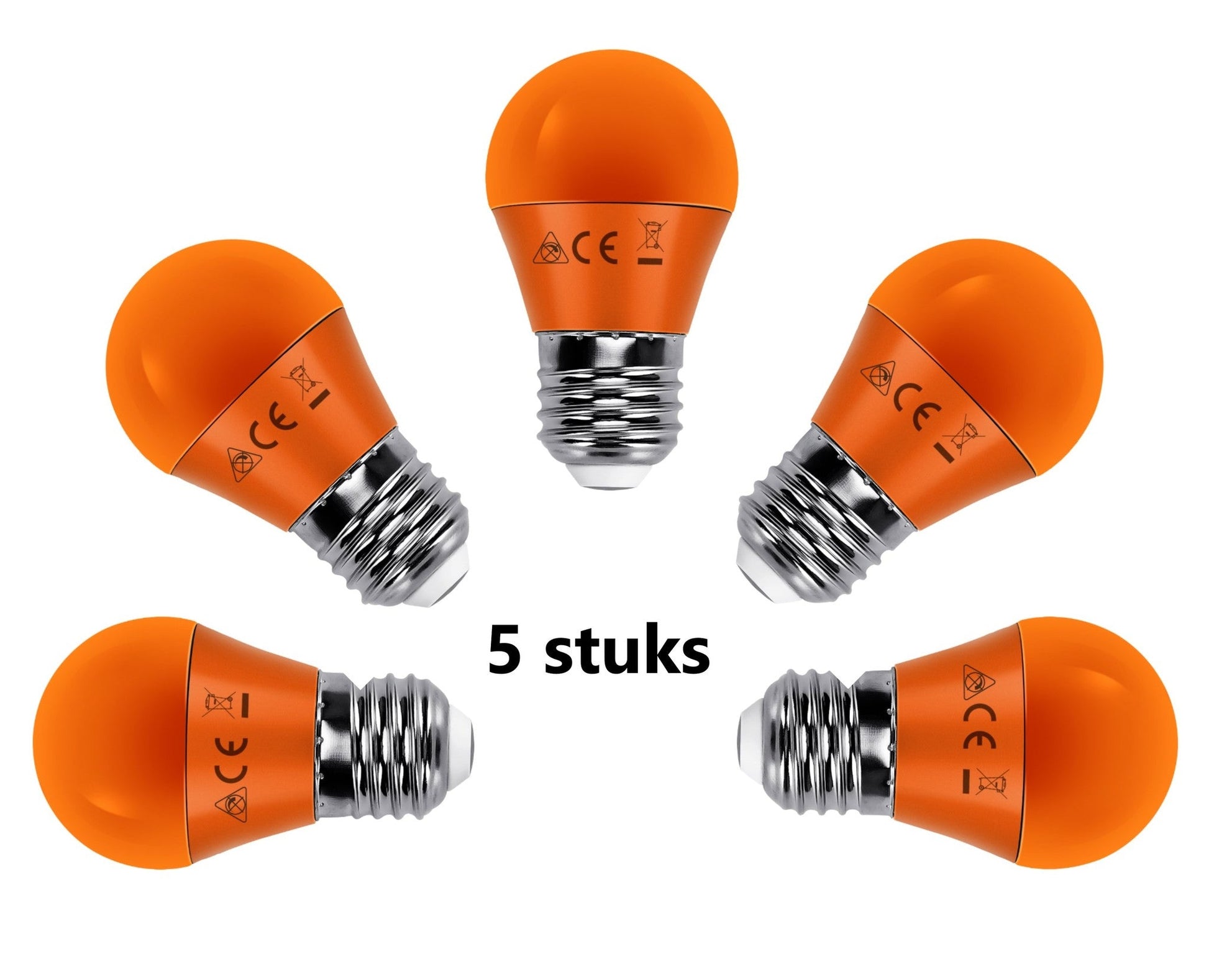 Oranje LED-lampen met E27-schroefdraad, glanzend metaal en CE-keurmerken, geïllustreerd in een set van vijf stuks voor huisverlichting.