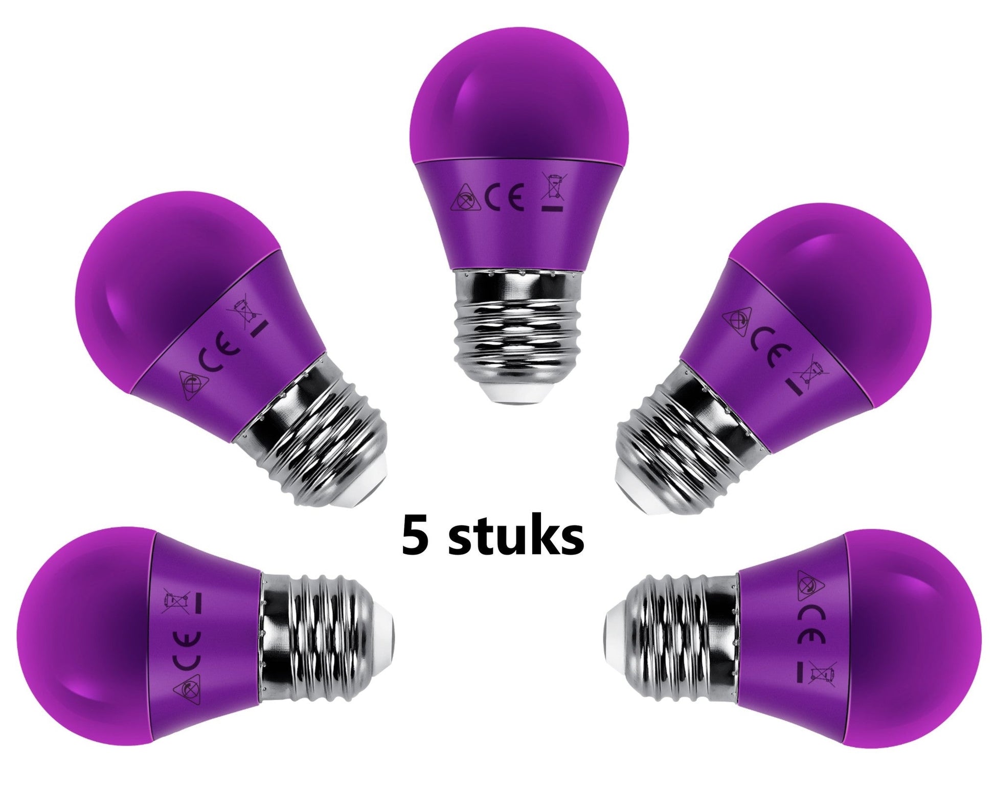 Violette LED-lampen met zilveren schroefdraad, geplaatst in een cirkelvormige opstelling. Deze energiezuinige verlichting is geschikt voor huis- en kantoorverlichting.