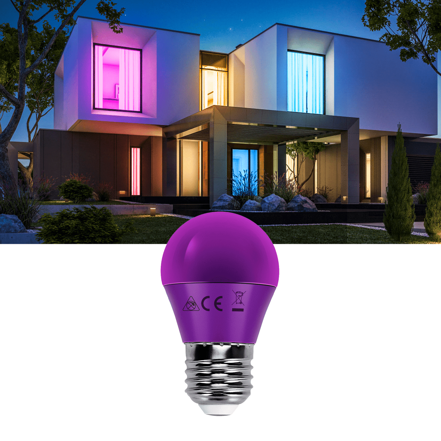 Violette LED-lampen met zilverkleurige schroefdraad, geplaatst in een cirkelvormig patroon. Zichtbaar zijn CE-keurmerken en de tekst ‘5 stuks’ voor een duidelijke aankoopindicatie.