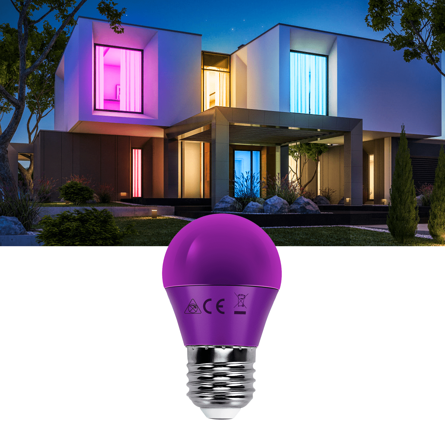 Violette LED-lampen met zilverkleurige schroefdraad, geplaatst in een cirkelvormig patroon. Zichtbaar zijn CE-keurmerken en de tekst ‘5 stuks’ voor een duidelijke aankoopindicatie.