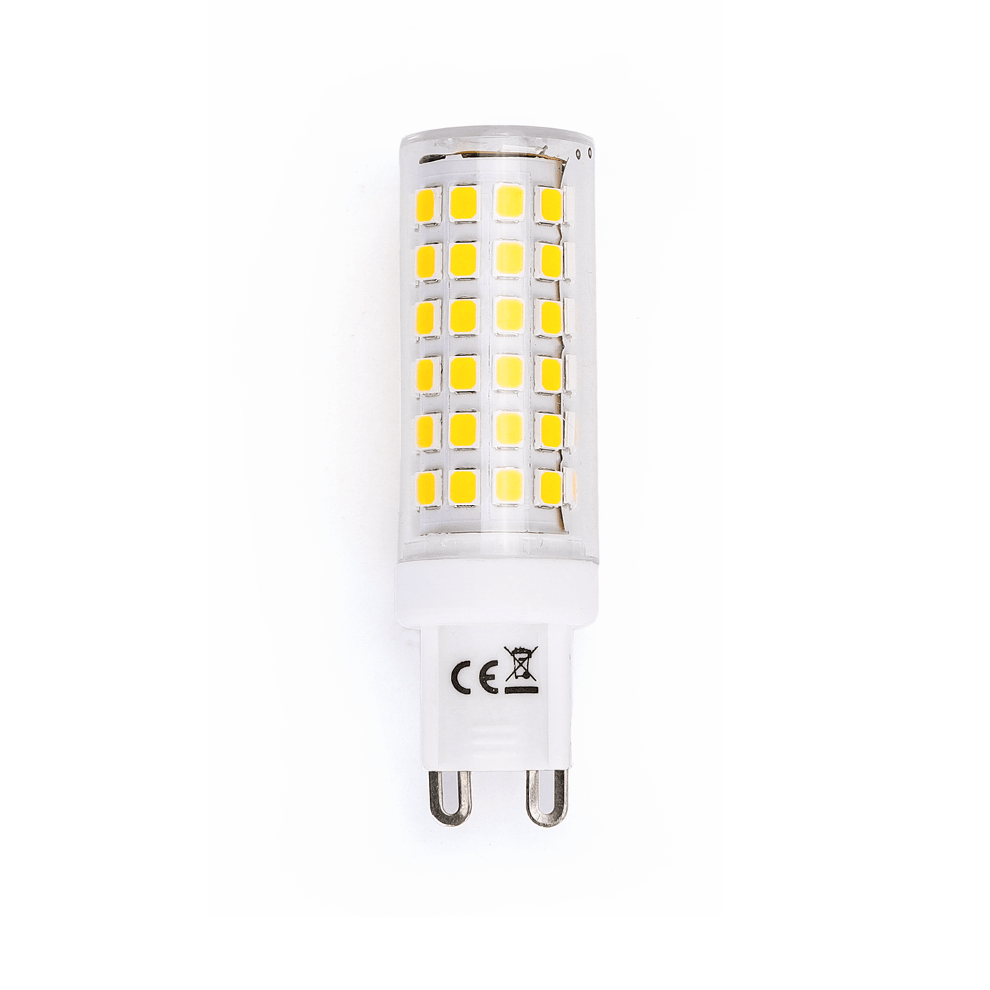 Een witte LED-lamp met G9-connector en gele SMD-lichtbronnen, geschikt voor energiezuinige verlichting in huishoudelijke en commerciële ruimtes.